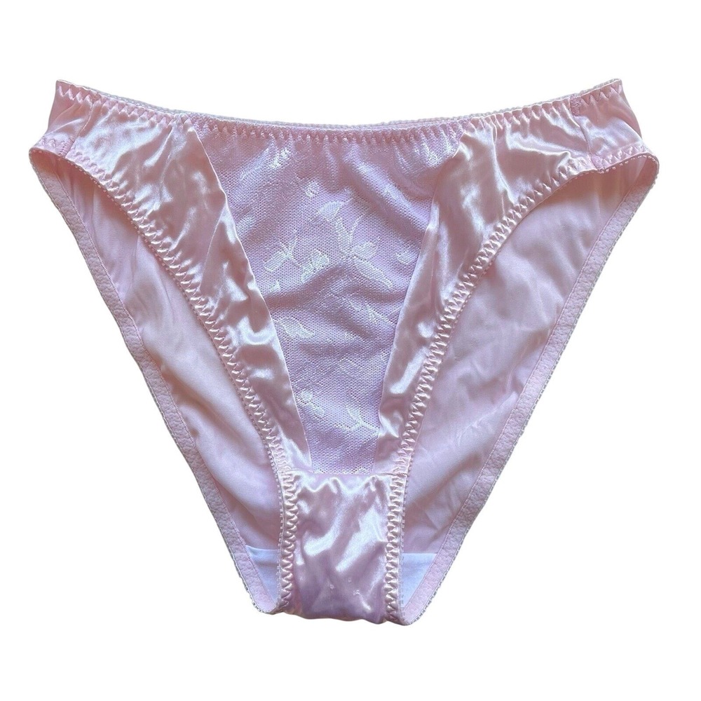 VTG Sissy Pink‎ High Cut SATIN Silky STRETCH PANTIES HI CUT small Lace Floral